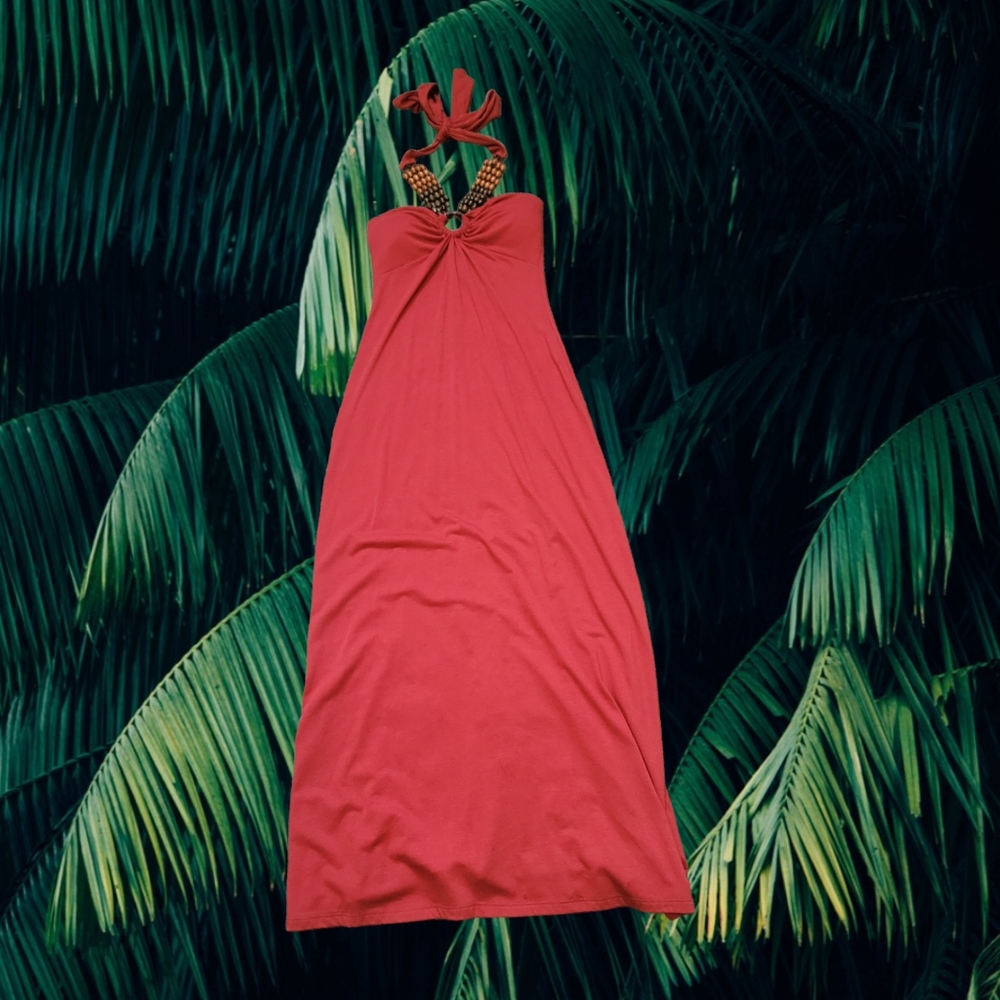 Wood bead Red-orange Long Halter Dress